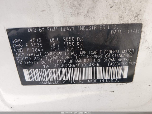 45607189 :رقم المزاد ، 4S3BNAN64F3034866 vin ، 2015 Subaru Legacy 2.5i Limited مزاد بيع
