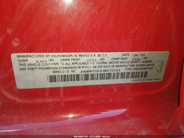 Aukcja sprzedaży 2009 Volkswagen Jetta Se, vin: 3VWRM71KX9M172161, numer aukcji: 45607192