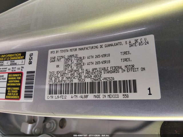 45607207 :رقم المزاد ، 3TYLB5JNXRT017109 vin ، 2024 Toyota Tacoma Trd Sport مزاد بيع