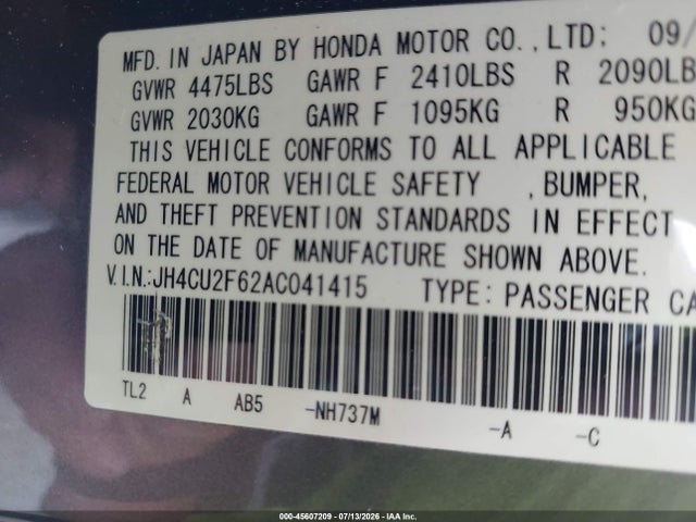 45607209 :رقم المزاد ، JH4CU2F62AC041415 vin ، 2010 Acura Tsx 2.4 مزاد بيع