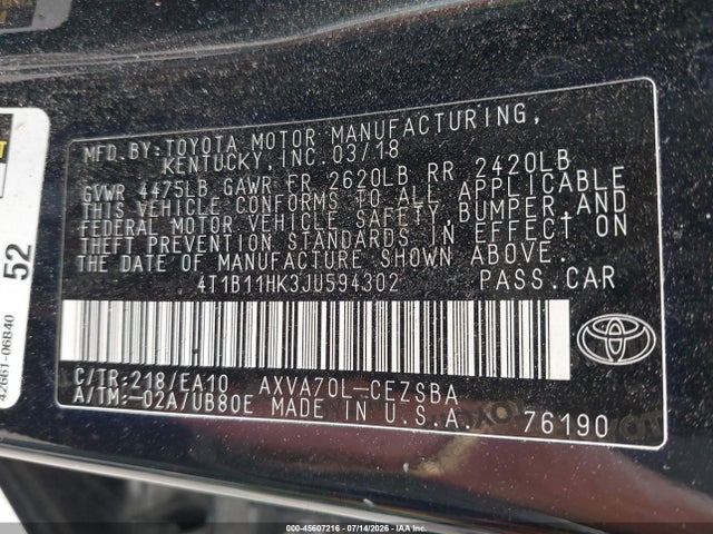 Продажа на аукционе авто 2018 Toyota Camry Se, vin: 4T1B11HK3JU594302, номер лота: 45607216