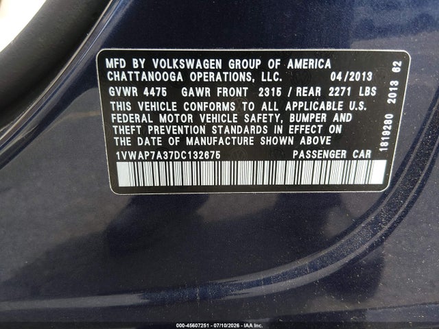 Продаж на аукціоні авто 2013 Volkswagen Passat 2.5l Wolfsburg Edition, vin: 1VWAP7A37DC132675, номер лоту: 45607251