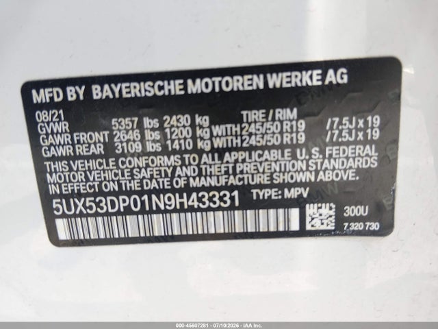 Aukcja sprzedaży 2022 Bmw X3 Xdrive30i, vin: 5UX53DP01N9H43331, numer aukcji: 45607281