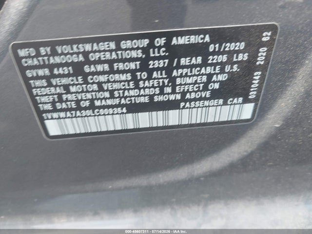45607311 :رقم المزاد ، 1VWWA7A30LC009354 vin ، 2020 Volkswagen Passat 2.0t Se مزاد بيع