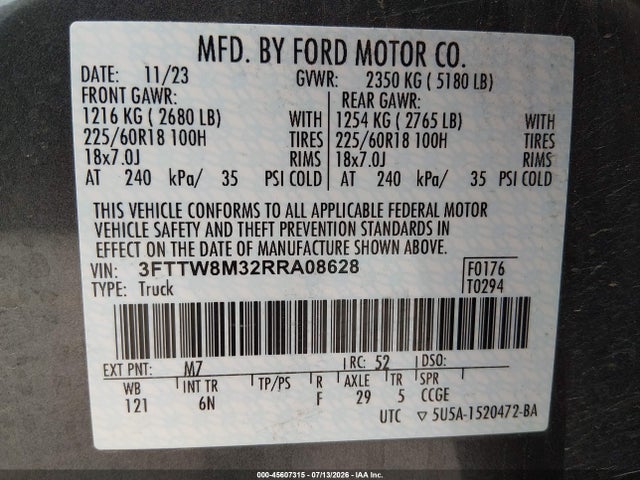 Продажа на аукционе авто 2024 Ford Maverick Lariat, vin: 3FTTW8M32RRA08628, номер лота: 45607315
