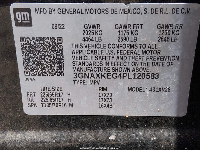 2023 Chevrolet Equinox Fwd Lt მანქანა იყიდება აუქციონზე, vin: 3GNAXKEG4PL120583, აუქციონის ნომერი: 45607325