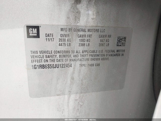 2018 Chevrolet Volt Premier მანქანა იყიდება აუქციონზე, vin: 1G1RB6S50JU122454, აუქციონის ნომერი: 45607327