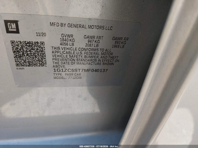 1G1ZC5ST7MF040137 Chevrolet Malibu Fwd 1fl