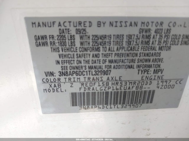2026 Nissan Kicks Sr მანქანა იყიდება აუქციონზე, vin: 3N8AP6DC1TL329907, აუქციონის ნომერი: 45607342