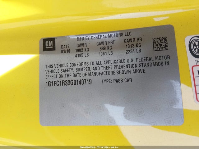 Aukcja sprzedaży 2016 Chevrolet Camaro 2lt, vin: 1G1FC1RS3G0140719, numer aukcji: 45607353