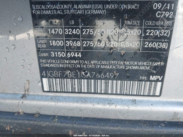 45607354 :رقم المزاد ، 4JGBF7BE1CA766497 vin ، 2012 Mercedes-benz Gl 450 4matic مزاد بيع