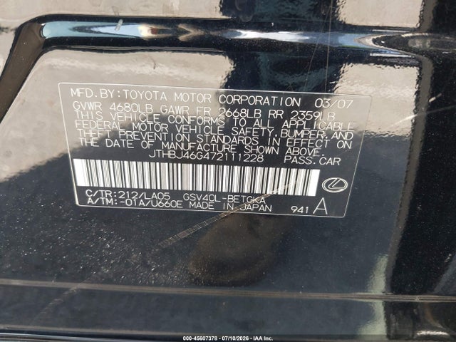 45607378 :رقم المزاد ، JTHBJ46G472111228 vin ، 2007 Lexus Es 350 مزاد بيع