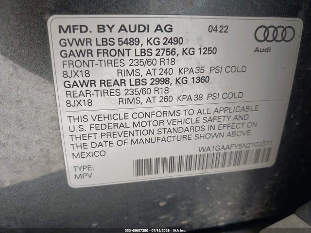 Продажа на аукционе авто 2022 Audi Q5 Premium 45 Tfsi S Line Quattro S Tronic, vin: WA1GAAFY5N2103371, номер лота: 45607380