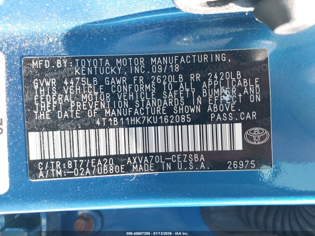 4T1B11HK7KU162085 Toyota CAMRY SE