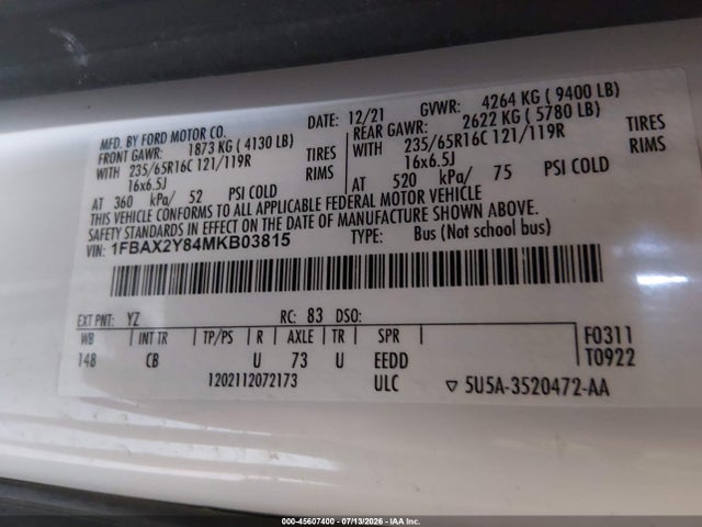 Ford Transit-350 Passenger Van Xl 2021 1FBAX2Y84MKB03815 Image 9