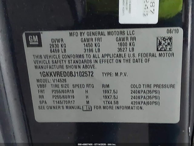 45607405 :رقم المزاد ، 1GKKVRED0BJ102572 vin ، 2011 Gmc Acadia Slt-1 مزاد بيع