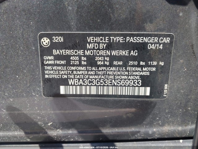 45607406 :رقم المزاد ، WBA3C3G53ENS69933 vin ، 2014 Bmw 320i Xdrive مزاد بيع