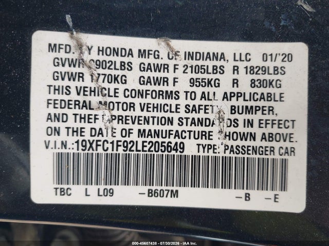 2020 Honda Civic Touring მანქანა იყიდება აუქციონზე, vin: 19XFC1F92LE205649, აუქციონის ნომერი: 45607438