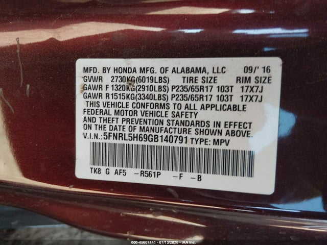 Honda Odyssey Ex-l 2016 5FNRL5H69GB140791 Image 9