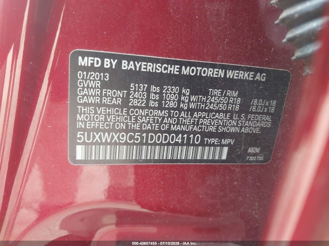 45607455 :رقم المزاد ، 5UXWX9C51D0D04110 vin ، 2013 Bmw X3 Xdrive28i مزاد بيع