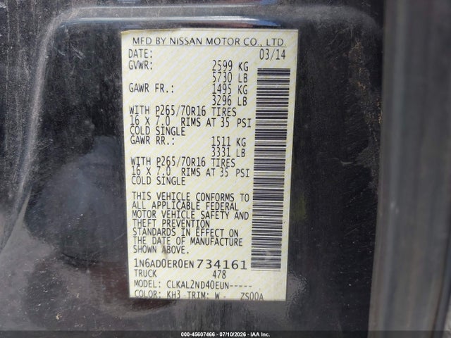 1N6AD0ER0EN734161 Nissan Frontier Sv