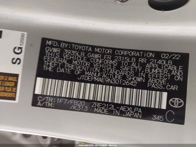 Продаж на аукціоні авто 2022 Toyota Corolla Le, vin: JTDEPMAE9N3012642, номер лоту: 45607470