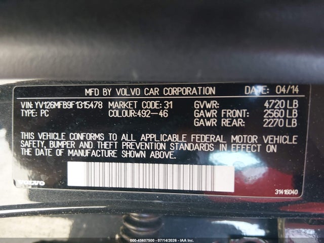 Aukcja sprzedaży 2015 Volvo S60 T5 Premier, vin: YV126MFB9F1315478, numer aukcji: 45607500