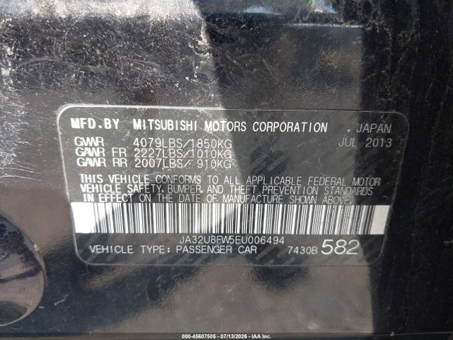 2014 Mitsubishi Lancer Gt მანქანა იყიდება აუქციონზე, vin: JA32U8FW5EU006494, აუქციონის ნომერი: 45607505