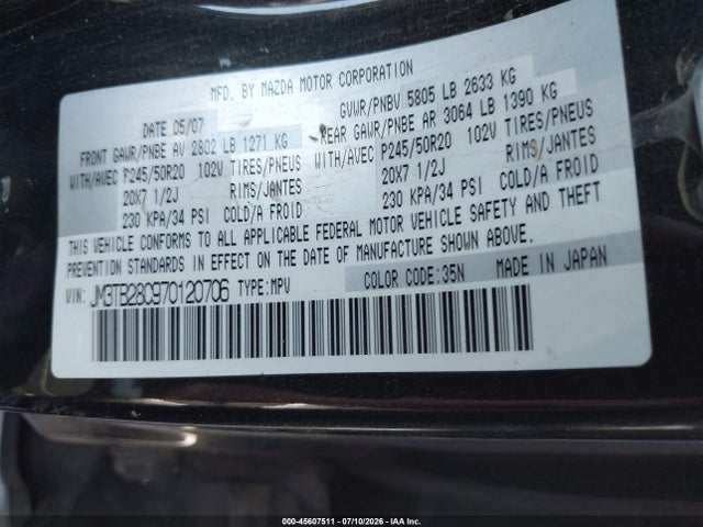 Aukcja sprzedaży 2007 Mazda Cx-9 Grand Touring, vin: JM3TB28C970120706, numer aukcji: 45607511