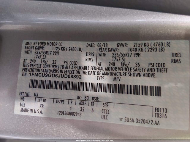 Aukcja sprzedaży 2018 Ford Escape Se, vin: 1FMCU9GD6JUD08892, numer aukcji: 45607514