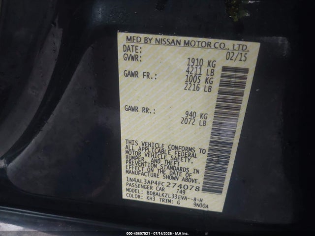 2015 Nissan Altima 2.5/s/sv/sl მანქანა იყიდება აუქციონზე, vin: 1N4AL3AP4FC274078, აუქციონის ნომერი: 45607521