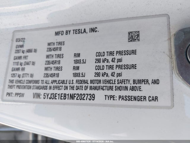 Aukcja sprzedaży 2022 Tesla Model 3 Long Range Dual Motor All-wheel Drive, vin: 5YJ3E1EB1NF202739, numer aukcji: 45607526