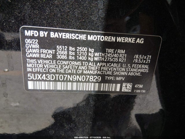 Продаж на аукціоні авто 2022 Bmw X4 M40i, vin: 5UX43DT07N9N07829, номер лоту: 45607528