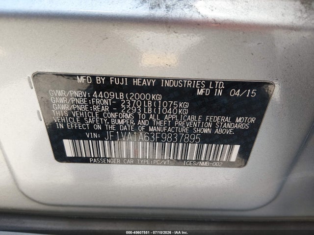 Продажа на аукционе авто 2015 Subaru Wrx, vin: JF1VA1A63F9837895, номер лота: 45607551