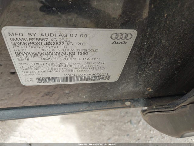 45607576 :رقم المزاد ، WA1LKAFP3AA020511 vin ، 2010 Audi Q5 3.2 Premium مزاد بيع