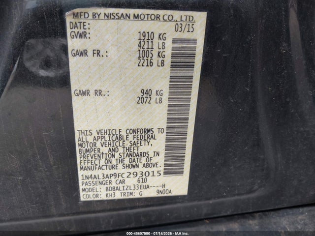 Aukcja sprzedaży 2015 Nissan Altima 2.5 Sv, vin: 1N4AL3AP9FC293015, numer aukcji: 45607580