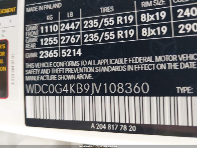 Aukcja sprzedaży 2018 Mercedes-benz Glc 300 4matic, vin: WDC0G4KB9JV108360, numer aukcji: 45607587