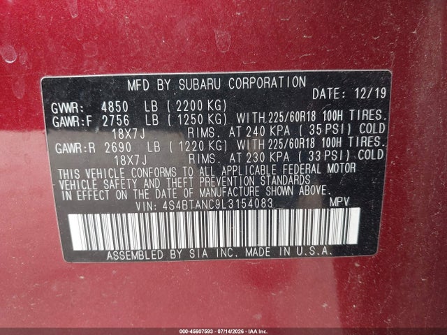 Продажа на аукционе авто 2020 Subaru Outback Limited, vin: 4S4BTANC9L3154083, номер лота: 45607593