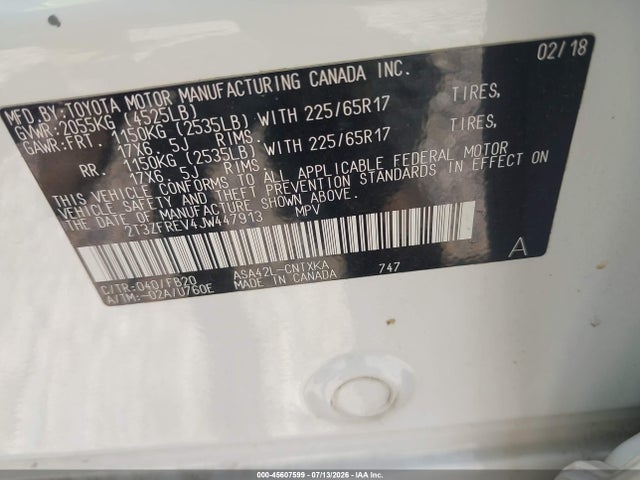 2018 Toyota Rav4 Le მანქანა იყიდება აუქციონზე, vin: 2T3ZFREV4JW447913, აუქციონის ნომერი: 45607599