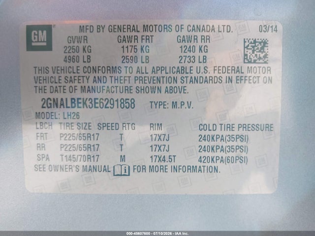 Aukcja sprzedaży 2014 Chevrolet Equinox Lt, vin: 2GNALBEK3E6291858, numer aukcji: 45607600