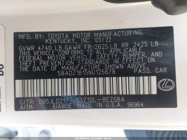 Продажа на аукционе авто 2022 Lexus Es 350, vin: 58ADZ1B15NU125678, номер лота: 45607612