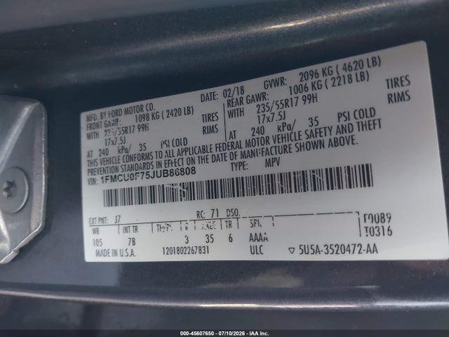 Ford ESCAPE S 2018 1FMCU0F75JUB86808 Image 9