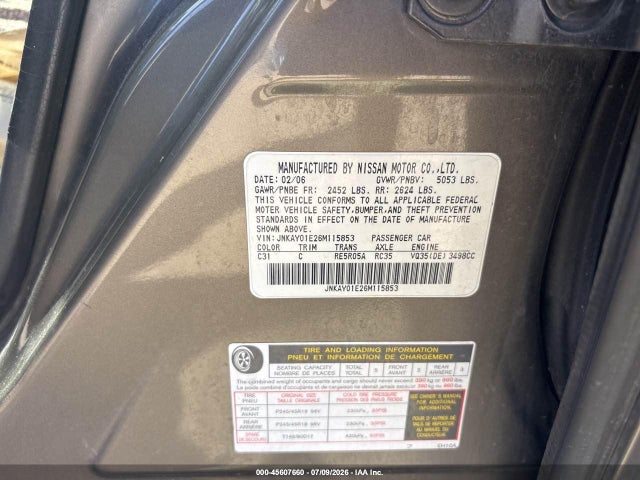 45607660 :رقم المزاد ، JNKAY01E26M115853 vin ، 2006 Infiniti M35 مزاد بيع