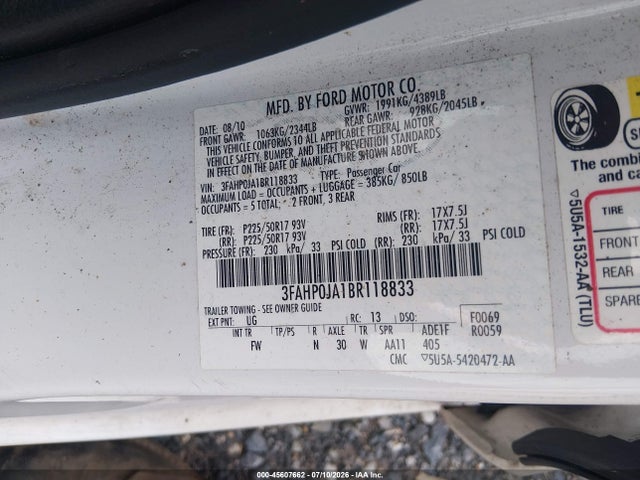 Aukcja sprzedaży 2011 Ford Fusion Sel, vin: 3FAHP0JA1BR118833, numer aukcji: 45607662