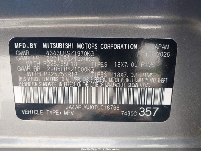 45607663 :رقم المزاد ، JA4ARUAU0TU018766 vin ، 2026 Mitsubishi Outlander Sport 2.0 Es/2.0 Le/2.0 Ralliart/2.0 S/2.0 Se/2.0 Trail Edition مزاد بيع