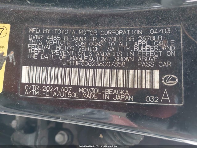 Продаж на аукціоні авто 2003 Lexus Es 300, vin: JTHBF30G236007358, номер лоту: 45607665