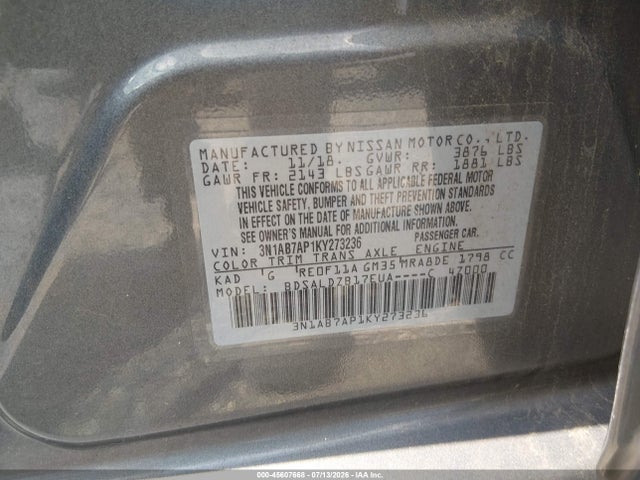 Aukcja sprzedaży 2019 Nissan Sentra Sv, vin: 3N1AB7AP1KY273236, numer aukcji: 45607668