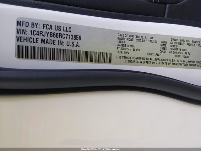 2024 Jeep Grand Cherokee 4xe მანქანა იყიდება აუქციონზე, vin: 1C4RJYB66RC713856, აუქციონის ნომერი: 45607670
