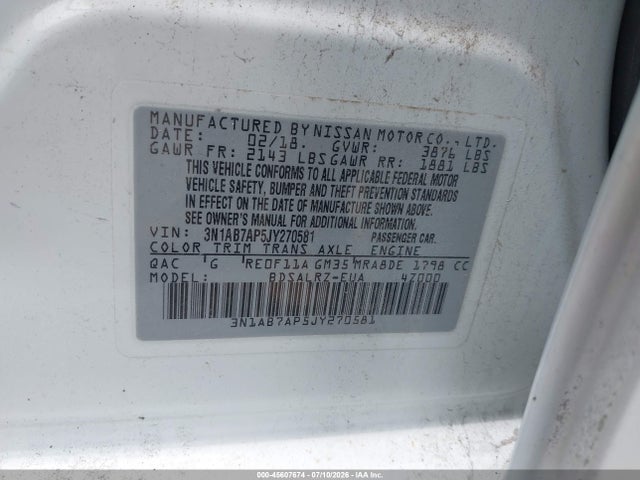 Продажа на аукционе авто 2018 Nissan Sentra Sr, vin: 3N1AB7AP5JY270581, номер лота: 45607674