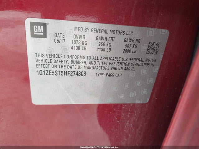 Aukcja sprzedaży 2017 Chevrolet Malibu 1lt, vin: 1G1ZE5ST5HF274308, numer aukcji: 45607687